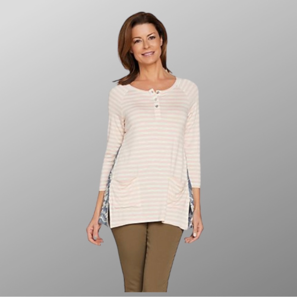 LOGO by Lori Goldstein Pink and White Striped Slub Henley
Top with Embroidery 1X - Picture 3 of 16